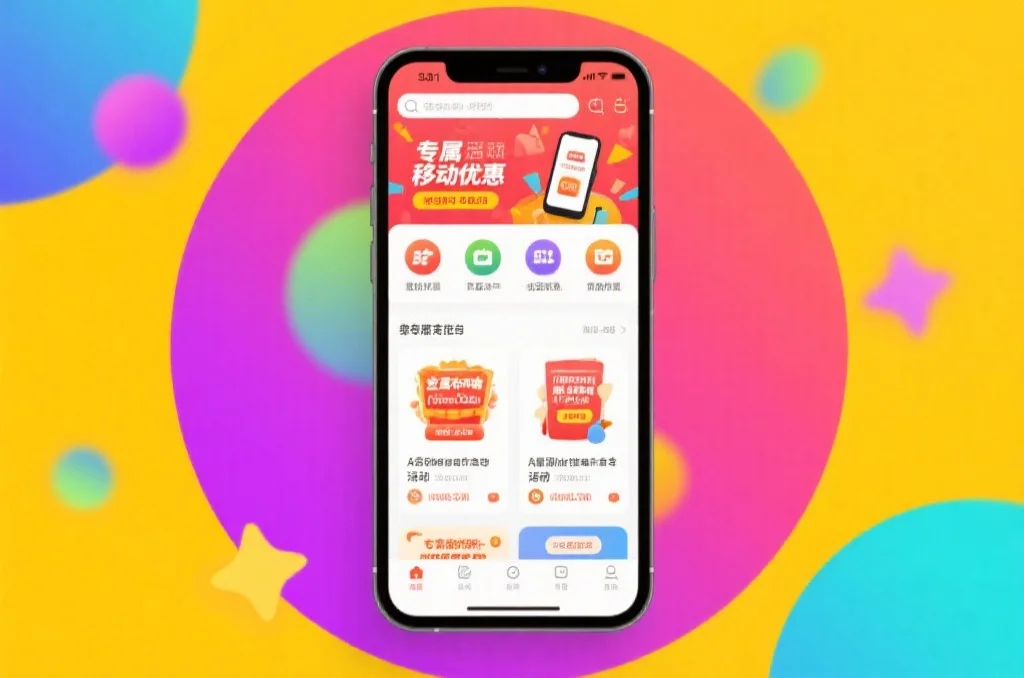 APP界面上显示着各类专属移动端优惠和活动，背景为明亮有活力的色调