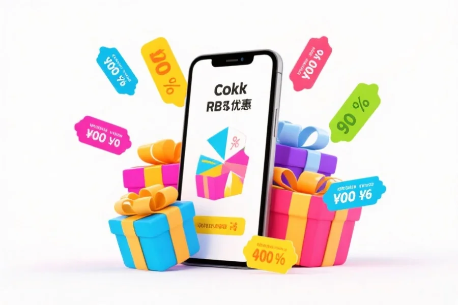 五彩缤纷的优惠券和礼品盒环绕着一部手机，展示丰富多样的优惠活动