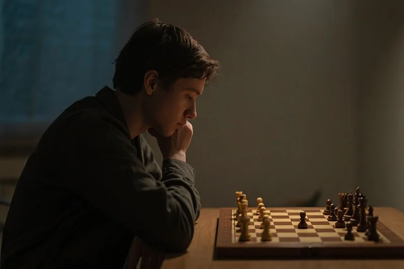 一个人在策略游戏中深度思考，展现专注与策略
