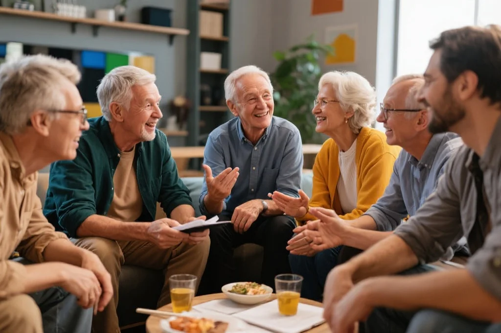 一组不同年龄的人围坐在一起热烈讨论娱乐项目策略，气氛轻松友好